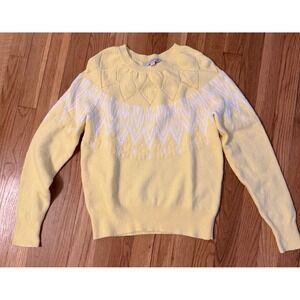 LOFT Women Yellow Pointelle Fair Isle Knit Crew Neck Sweater XS Cotton Blend